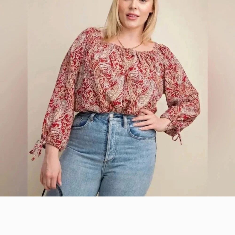 NWT Kori Red and Cream Paisley Blouse SZ XL